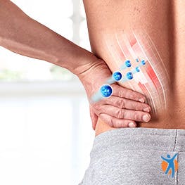 A depiction of lower back pain relief from diclofenac and a Voltaren logo