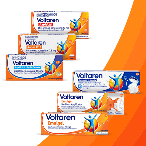 various Voltaren pain relief product pack shots 