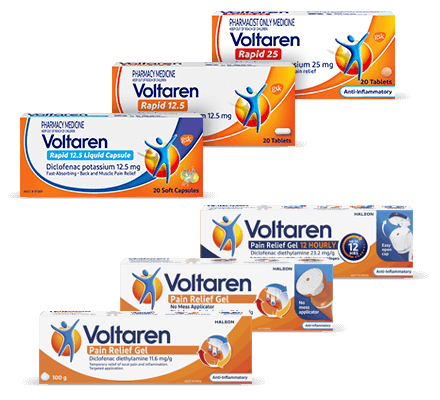 various Voltaren pain relief product pack shots