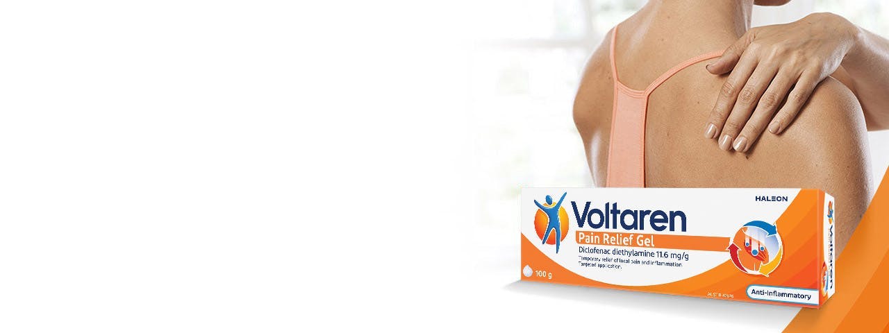 Women touching her back with Voltaren Pain Relief Gel packshot