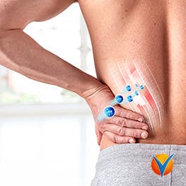 A depiction of lower back pain relief from diclofenac and a Voltaren logo