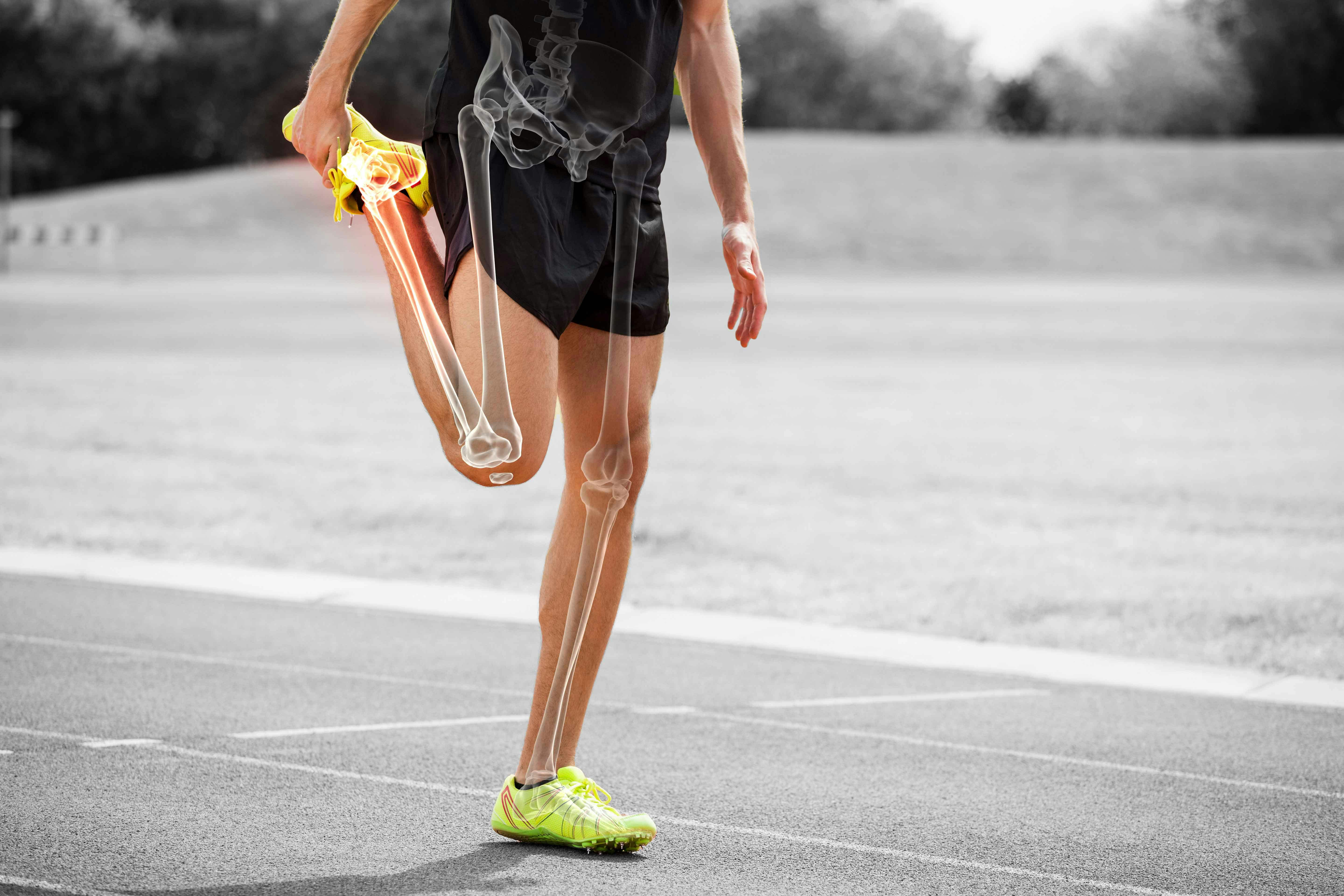 Male runner stretching his leg with skeleton overlay showing leg bones