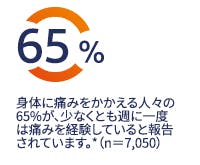 身体に痛みをかかえる人々の65%が、少なくとも週に一度は痛みを経験していると報告されています。*(n=7,050)
身体に痛みをかかえる人々の65%が、少なくとも週に一度は痛みを経験していると報告されています。*(n=7,050)