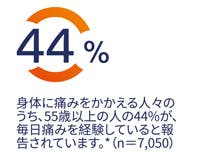身体に痛みをかかえる人々のうち、55歳以上の44%が、毎日痛みを経験していると報告されています。*(n=7,050) 身体に痛みをかかえる人々のうち、55歳以上の44%が、毎日痛みを経験していると報告されています。*(n=7,050)
