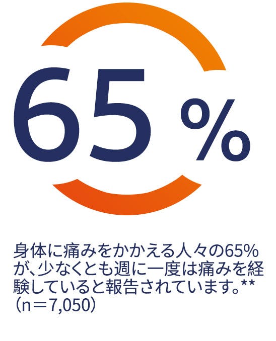 身体に痛みを覚えた経験がある人々のうち、65%の人が、少なくとも週に1回、身体に痛みを感じています。*(n=7,050) 身体に痛みを覚えた経験がある人々のうち、65%の人が、少なくとも週に1回、身体に痛みを感じています。*(n=7,050)