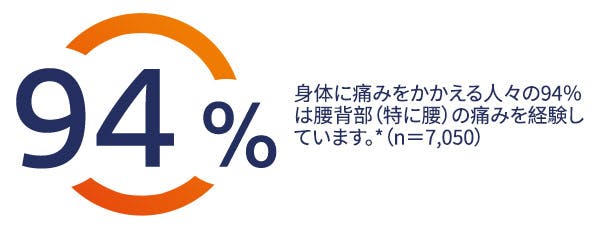 身体に痛みをかかえる人々の94%は腰背部(特に腰)の痛みを経験しています。*(n=7,050)
身体に痛みをかかえる人々の94%は腰背部(特に腰)の痛みを経験しています。*(n=7,050)