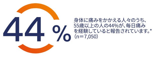 身体に痛みをかかえる人々のうち、55歳以上の44%が、毎日痛みを経験していると報告されています。*(n=7,050) 身体に痛みをかかえる人々のうち、55歳以上の44%が、毎日痛みを経験していると報告されています。*(n=7,050)