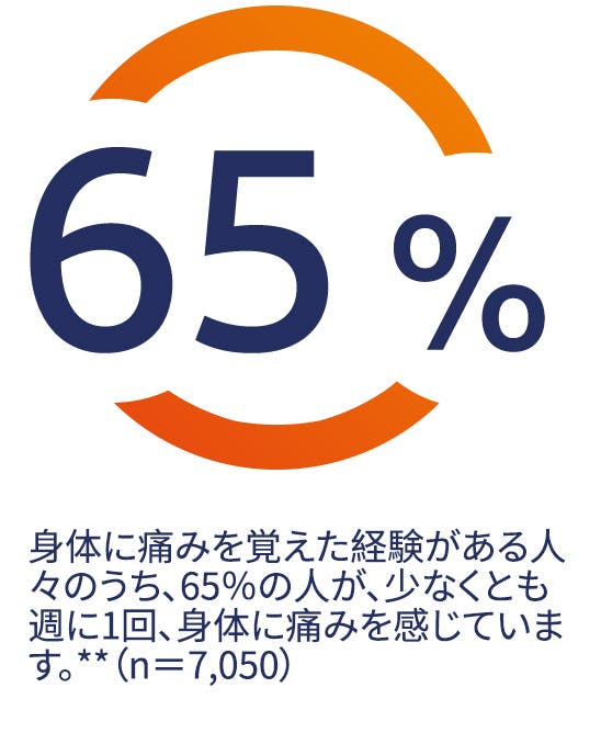 身体に痛みを覚えた経験がある人々のうち、65%の人が、少なくとも週に1回、身体に痛みを感じています。*(n=7,050) 身体に痛みを覚えた経験がある人々のうち、65%の人が、少なくとも週に1回、身体に痛みを感じています。*(n=7,050)