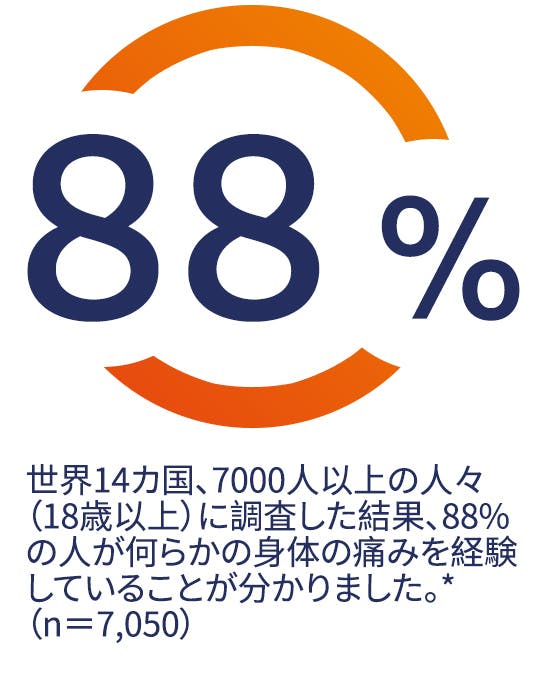 世界14か国、7000人以上の人々(18歳以上)に調査した結果、88%の人が何らかの体の痛みを経験していることが分かりました。*(n=7,050) 世界14か国、7000人以上の人々(18歳以上)に調査した結果、88%の人が何らかの体の痛みを経験していることが分かりました。*(n=7,050)