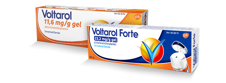 Pakningsbilde tre ulike typer Voltarol, som kan dempe smerter i knær og ledd. Voltarol Emulgel hjelper mot stive muskler