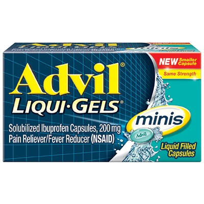 una caja colorida de cápsulas Advil Liqui Gels sobre el fondo blanco