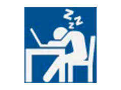 un dibujo de una persona cansada encima de una computadora en un marco azul sobre el fondo blanco