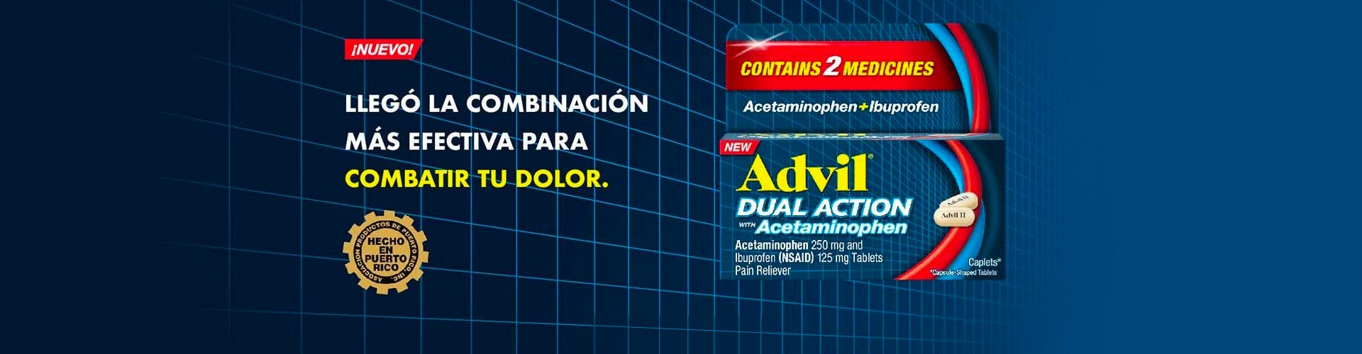 Advil Dual Action con acetaminofén sobre el fondo azul marino
