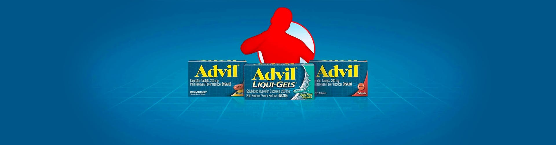 un banner de tres productos de Advil con una silueta roja sobre el fondo azul