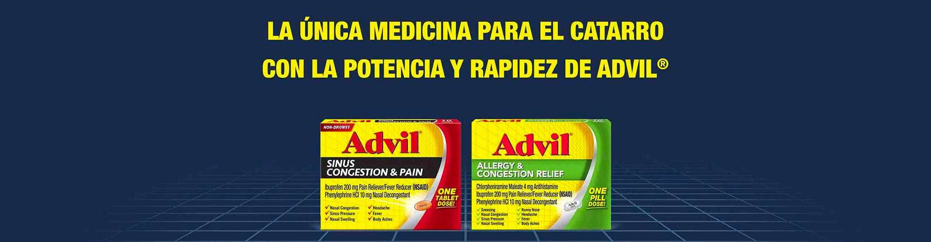 dos productos de Advil en colores para la congestión y alergias sobre el fondo azul marino
