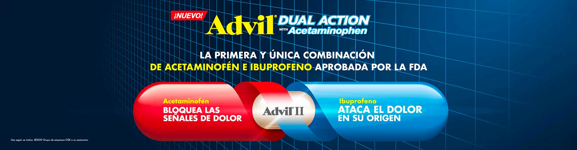 rojo y azul de Advil Dual Action con acetaminofén e ibuprofeno sobre el fondo azul marino
