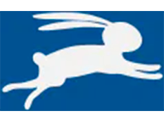 un dibujo de un conejo corriendo en un marco azul sobre el fondo blanco