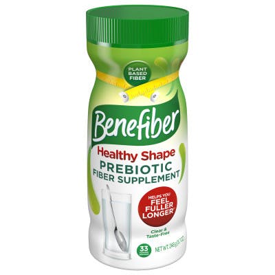 una botella verde y blanco de probiótico Benefiber con letras en colores sobre el fondo blanco