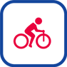 un dibujo color rosa de hombre en bicicleta en un marco azul sobre el fondo blanco