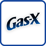 Gas-X en un marco azul marino sobre el fondo blanco