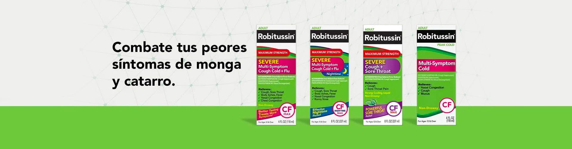 diferentes productos de Robitussin para adultos con tos y resfriado sobre el fondo verde y blanco