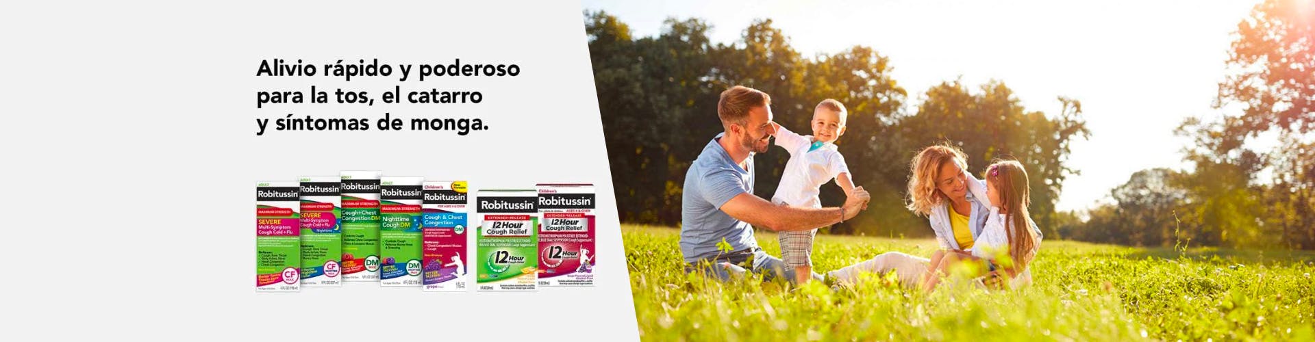 productos Robitussin para adultos y niños con la imagen de una familia feliz