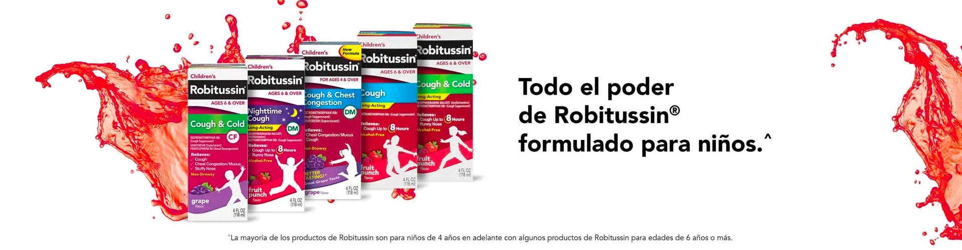 diferentes productos de Children's Robitussin para la tos y congestion sobre un fondo rojo y blanco