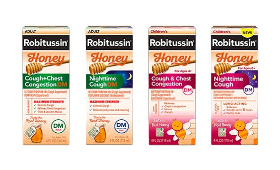 cuatro cajas de productos Robitussin Honey para los adultos y niños con la tos y congestión 