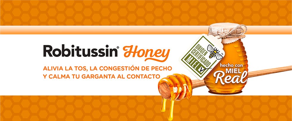 jarabe Robitussin Honey de color naranja con un dibujo de tarro de miel con un fondo blanco