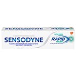 una caja de dentífrico Sensodyne Rapid sobre el fondo blanco