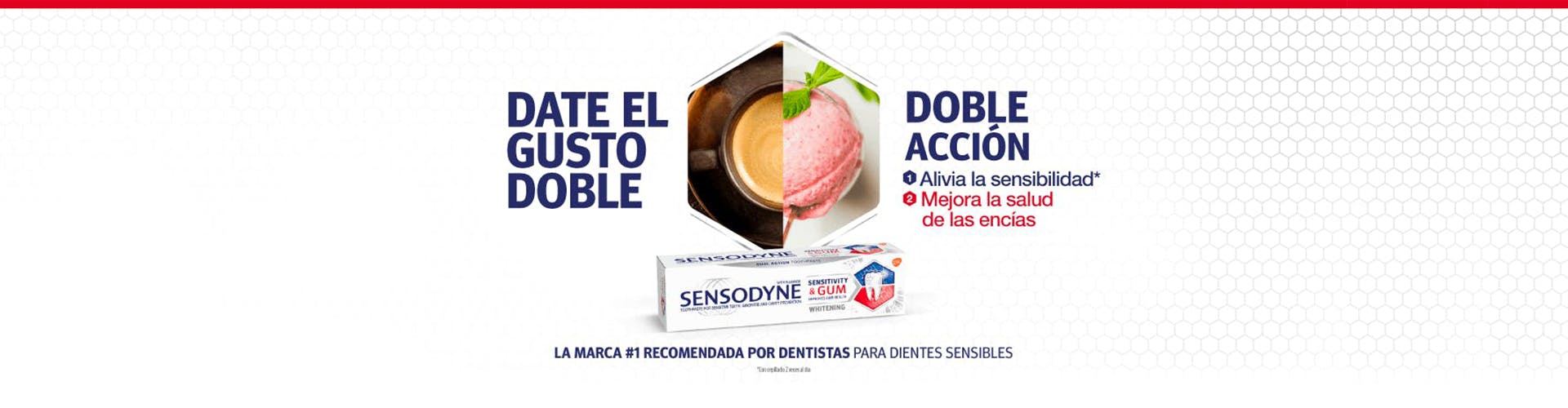 dentífrico Sensodyne para las encías sensibles con dibujos de café y helado sobre el fondo blanco 