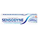una caja de dentífrico Sensodyne sobre el fondo blanco