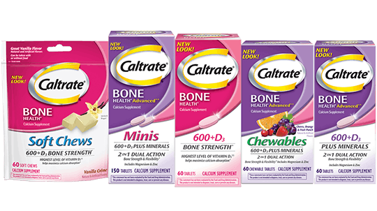 cajas de diferentes productos de Caltrate Bone Health de color morado y rosado sobre el fondo blanco