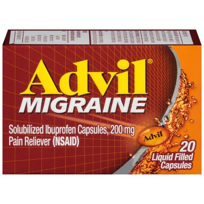 una caja roja de Advil Migraine sobre el fondo blanco