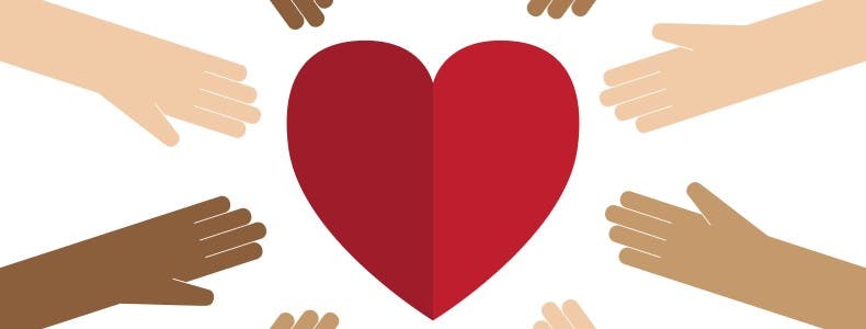 un banner de un corazón rodeado de manos extendidas en colores un banner de un corazón rodeado de manos extendidas en colores