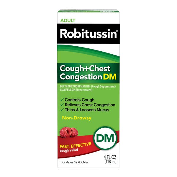 una caja verde de Adult Robitussin para la tos y congestión con sabor a frambuesa sobre el fondo blanco
