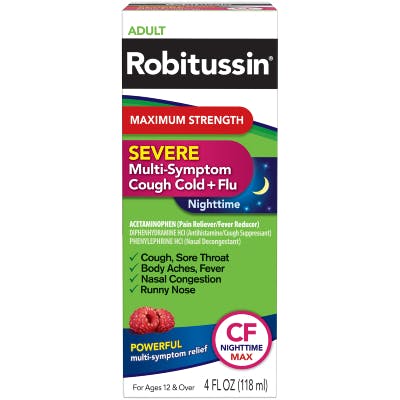 una caja colorida de jarabe Robitussin para adultos para diferentes síntomas con letras en colores sobre el fondo blanco