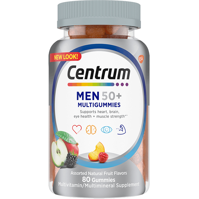 un bote gris de suplemento Centrum Men 50+ Multigummies para los hombres de 50+ años de sabor a frutas sobre el fondo blanco