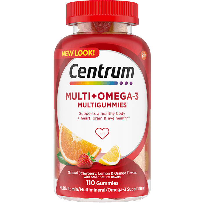 un bote rojo de suplemento Centrum Multi+Omega-3 Multigummies de sabor a frutas sobre el fondo blanco