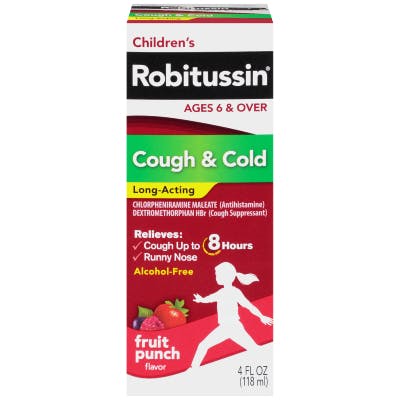 una caja roja de Children's Robitussin para el resfriado y tos sobre el fondo blanco