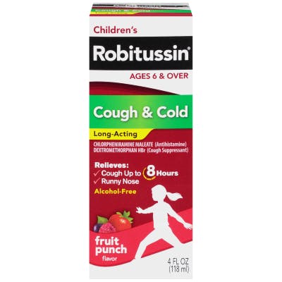 una caja roja de Children's Robitussin para el resfriado y tos sobre el fondo blanco una caja roja de Children's Robitussin para el resfriado y tos sobre el fondo blanco
