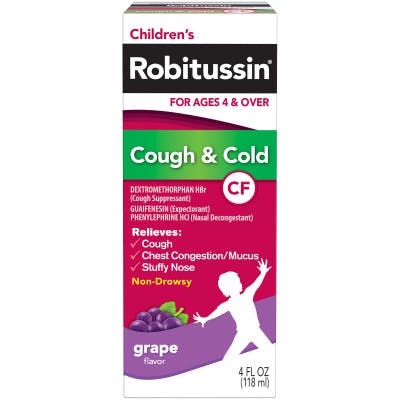 una caja de Children's Robitussin Cough & Cold para la tos y resfriado con sabor a uvas