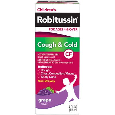 una caja de Children's Robitussin Cough & Cold para la tos y resfriado con sabor a uvas una caja de Children's Robitussin Cough & Cold para la tos y resfriado con sabor a uvas