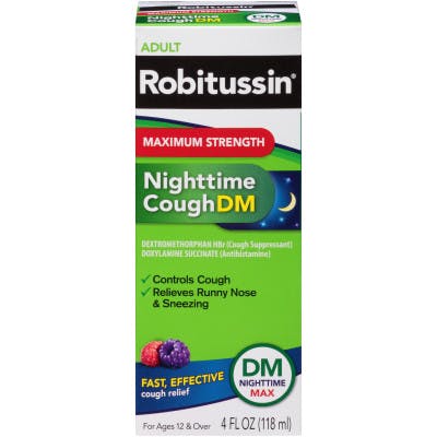 una caja verde de Adult Robitussin para la tos en la noche con sabor a mora y frambuesa