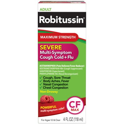una caja colorida de Robitussin para adultos con la tos multisíntoma, resfriado y gripe