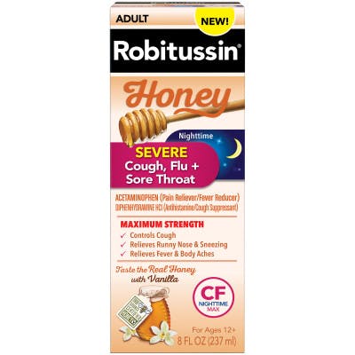 una caja de Robitussin Honey para adultos en colores con un dibujo de tarro de miel sobre el fondo blanco