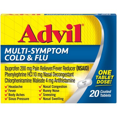 una caja de pastillas Advil en colores para el resfriado y la gripe