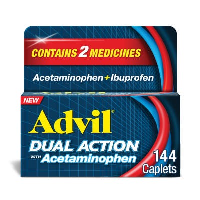 acetaminofén Advil Dual Action con letras en colores