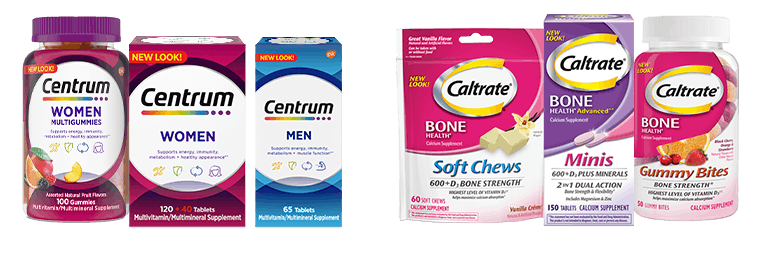 productos Centrum en colores para las mujeres y hombres sobre el fondo blanco