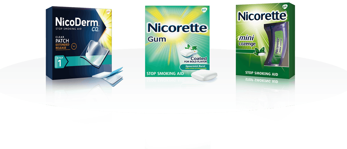 Stop smoking aids Nicoderm CQ Clear Patch Extended Release, Nicorette Gum Fruit Chill, and Nicorette mini Lozenge